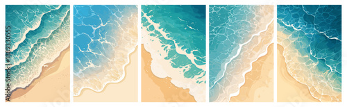 Cartoon sea wave on beach sand top view. Tropical vacation travel poster backdrop. Summer ocean shore vector illustration set