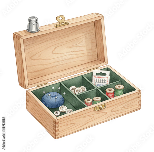 A charming open wooden sewing box filled with colorful threads buttons pins needles and a silver thimble artwork
