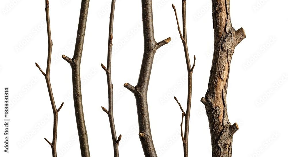 Fototapeta premium Organic tree branches showing varying maturity and textures, isolated on pristine white background, still life with strong contrast, branch, wood, plant
