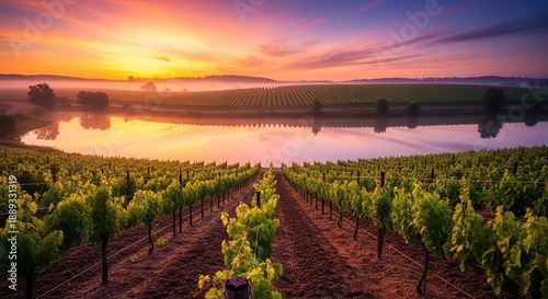Peaceful vineyard landscape at sunrise with a reflection on a tranquil lake, Vineyard, landscape, sunrise