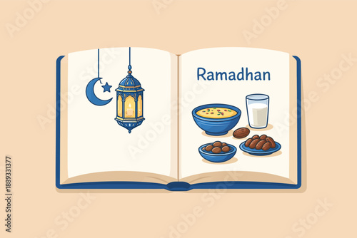 Open Book with Ramadhan Lantern, Moon, Dates, Milk and Cereal Illustration