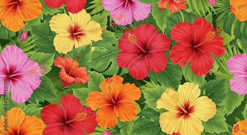 Seamless repeat pattern of bold vibrant hibiscus flowers and lush green tropical leaves, hibiscus, flower, bloom