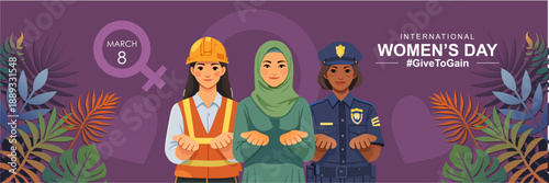 Give To Gain campaign pose. International Women's Day 2026. International Women's Day 2026 concept. #GiveToGain. Great for banner, poster, card and social media. 