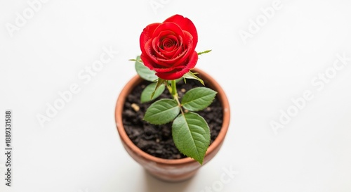 Single fresh cut flower growing in a small simple pot with visible soil and green leaves, isolated on a bright white background, flower, plant, pot