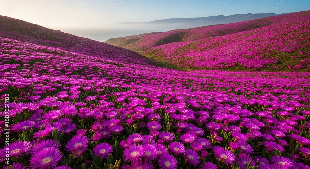 Obraz premium Stunning Superbloom of vibrant magenta Iceplant flowers carpeting the coastal hillsides of Bodega Bay, Sonoma County, California, iceplant, flower, flowers