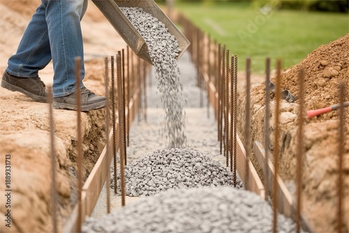 Gravel poured into construction foundation trench. Building groundwork