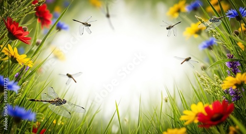 Summer meadow background frame with blooming wildflowers, grass, and flying dragonflies, dragonfly, dragonflies, meadow