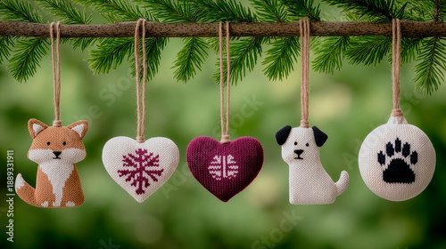 Fox Heart And Paw Ornaments Hanging From Evergreen Branch, Felt Plush Fox And Small Dog Shapes Tied With Natural Twine, SnowflakePattern Heart And PawPrint Disc, Soft Green Bokeh Background, Cozy