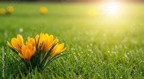 Vibrant yellow crocuses blooming in a sunny spring field of green grass stretching towards the bright sun, crocus, crocuses, flower