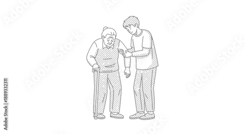 Young person helps elderly person with walking stick.