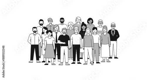 Diverse group of people standing together in a stylized illustration.