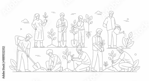 Set of line art illustrations showing people planting trees and gardening.