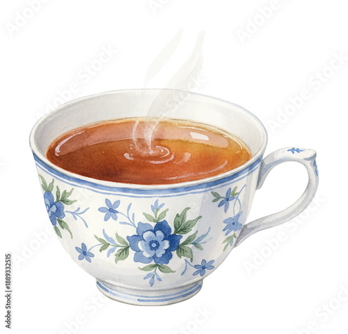 Hot steaming cup of tea in a beautiful white teacup with blue floral pattern classic watercolor painting