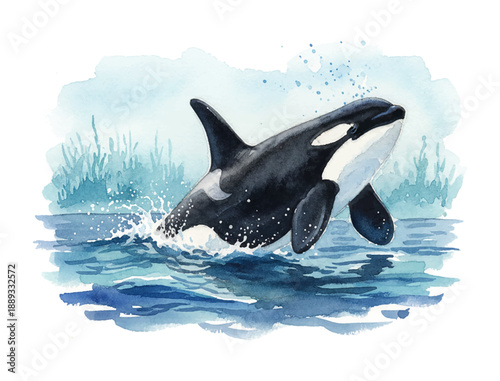 Dynamic watercolor painting of an orca killer whale breaching from the ocean with splashes