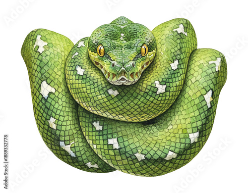 Vibrant green tree python snake coiled up with a focused gaze and alert expression detailed watercolor illustration