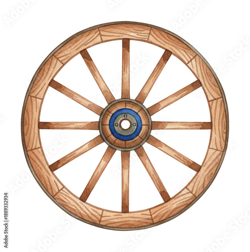Detailed Watercolor Illustration of a Classic Wooden Wagon Wheel with Blue Metal Hub Isolated