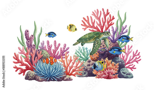 Lively underwater scene with a sea turtle vibrant coral reef and tropical fish swimming in ocean
