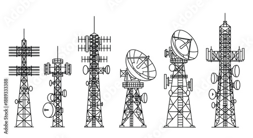 Line drawing depicting various communication towers and antenna structures high quality