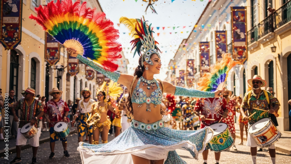 Fototapeta premium Vibrant Carnival Parade with Colorful Dancers and Drummers in Traditional Costumes