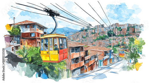 Medellin ? Comuna 13 and Cable Cars. Medellin ? Comuna 13 and Cable Cars hand drawn watercolor illustration