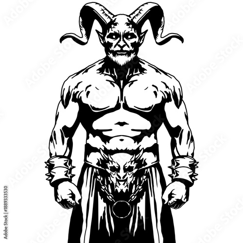 A powerful demonic warrior illustration with ram horns and muscular anatomy. Black and white gothic character design featuring dark fantasy style, ideal for tattoo art, metal merch, posters, and game.