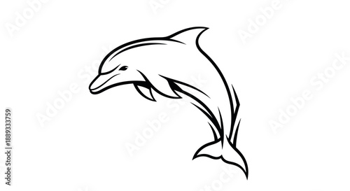 Black and white illustration of a dolphin leaping from the water isolated