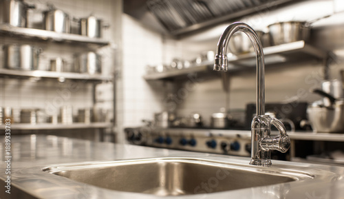 Stainless steel kitchen sink and faucet in a commercial cooking environment with cooking equipment.