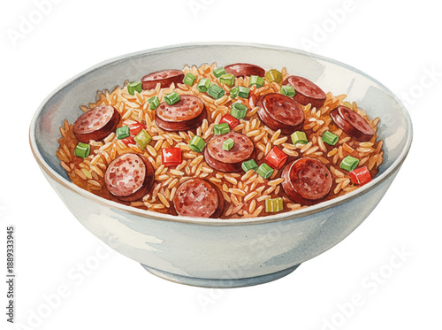 Delicious Cajun Jambalaya with Sausage Rice Green Onions and Red Peppers in a Bowl Watercolor Illustration