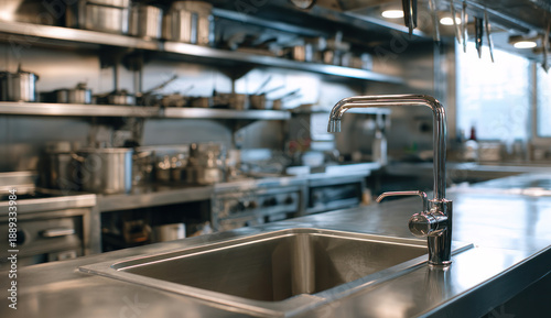 Stainless steel kitchen sink and countertop in a commercial kitchen setting with stainless steel appliances and utensils.