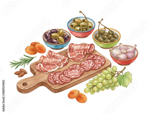 Delicious charcuterie board watercolor illustration featuring various cold cuts olives grapes and condiments