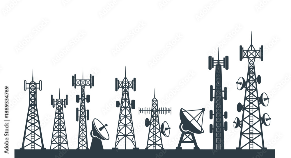 Fototapeta premium A series of communication towers and antennas depicted in a monochromatic style