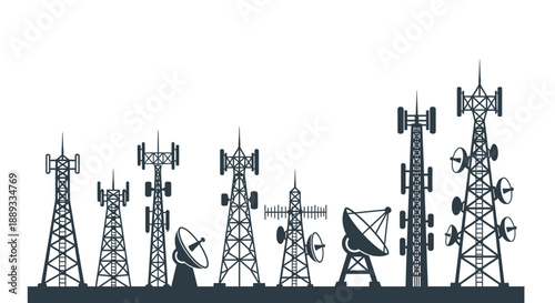 A series of communication towers and antennas depicted in a monochromatic style