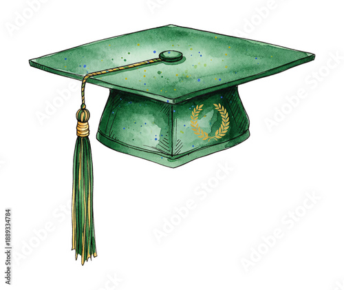Green Graduation Cap Mortarboard with Golden Laurel Wreath and Tassel Watercolor Illustration
