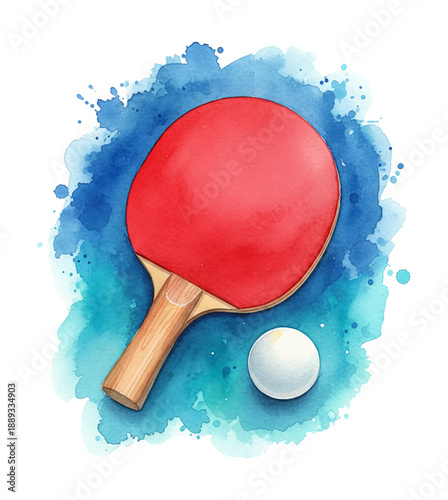 Red Table Tennis Paddle and White Ball on Blue Watercolor Splash Background Sport Equipment Artwork