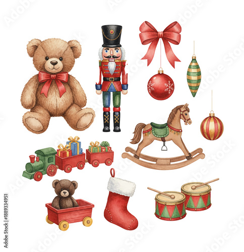 Christmas holiday toys collection with teddy bears nutcracker rocking horse train ornaments stocking and drums watercolor illustration