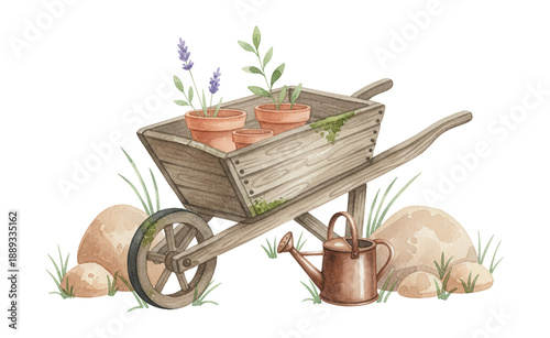 Rustic wooden wheelbarrow filled with potted lavender and green plants with watering can rocks and grass