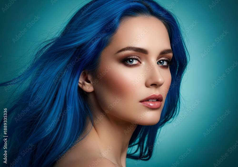 Fototapeta premium Portrait of a beautiful young woman with blue hair and eyes against a sky-blue background.