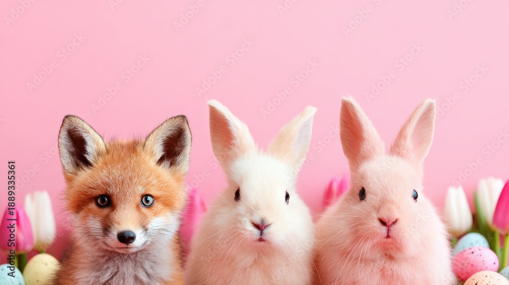 Fototapeta premium Three animals sit together in front of colorful flowers and eggs for spring