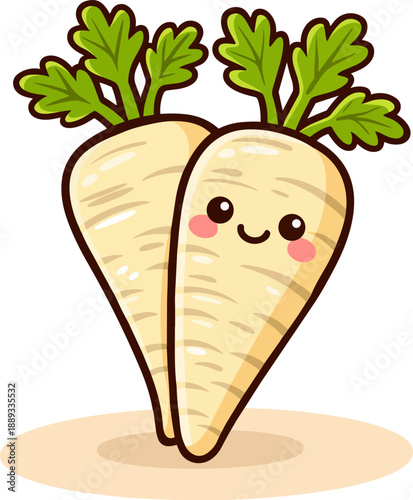 Cute kawaii parsnip with smiling face and rosy cheeks. Light cream root vegetable in cartoon style with thick outlines and flat colors. 