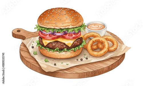 Delicious watercolor cheeseburger with fresh vegetables onion rings and dipping sauce served on wooden board