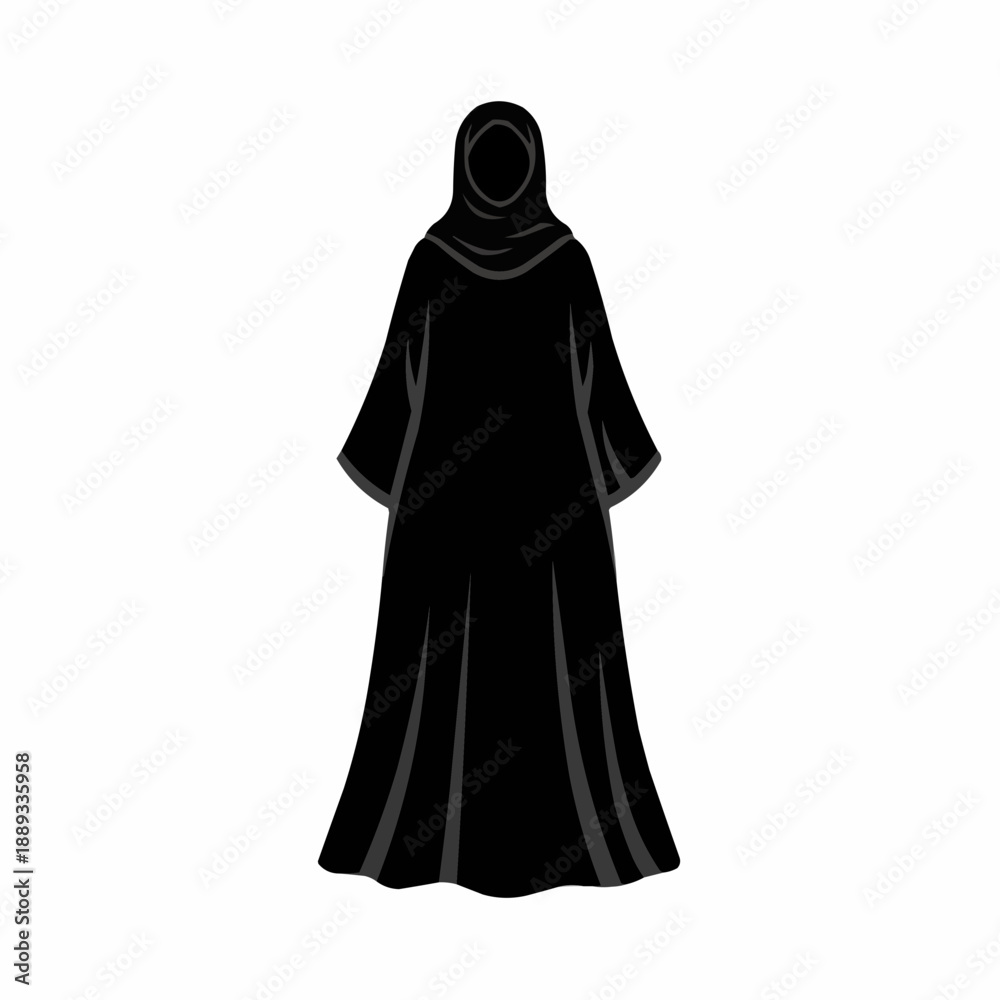Naklejka premium Black Abaya with Hijab Flat Vector Illustration on White Background