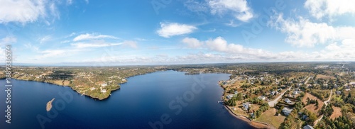 Tableau sur toile Extremely wide angle panoramic aerial drone photo of the town of Yarmouth which