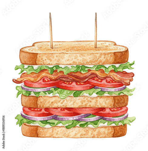 Watercolor club sandwich with fresh lettuce tomato bacon and onion on toasted bread held by toothpicks