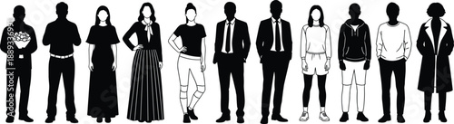 Silhouette of eleven diverse individuals in formal, casual, and cultural attire symbolizing fashion, lifestyle, identity, teamwork, unity, and diversity