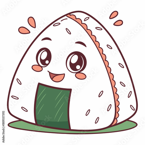 Cute Onigiri Cartoon Character with Smiling Face, Eyes, and Green Seaweed Wrapper