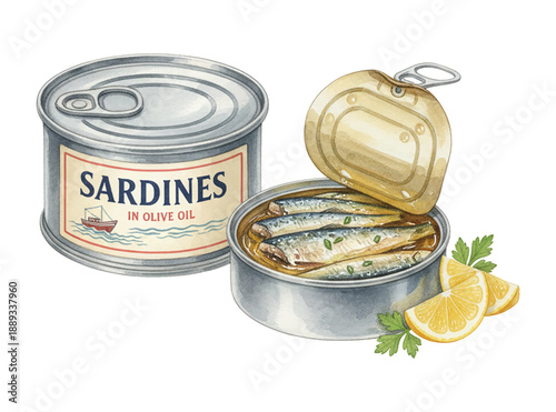 Detailed watercolor illustration of two sardine cans one closed and one open with fish lemon parsley