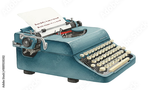 Vintage blue green typewriter with paper for writing a story on a white background
