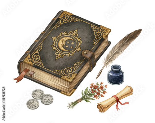 Ornate ancient spellbook with magical moon and star design next to quill inkwell coins flowers scroll mystical items