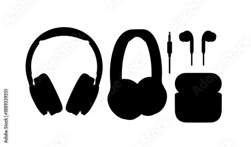 Realistic black wireless and wired headphones earphones vector set
