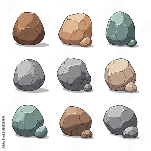 Set of cartoon-style rocks in various colors and sizes, perfect for game assets or design elements.
